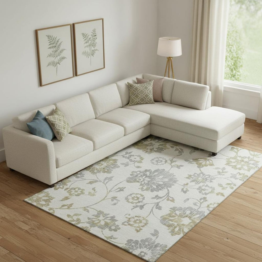 HomeRoots 9' X 12' Elegant Ivory Gray Gold Floral Area Rug - Washable, UV Protected, Perfect for Family Spaces! 667920