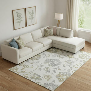 HomeRoots 9' X 12' Elegant Ivory Gray Gold Floral Area Rug - Washable, UV Protected, Perfect for Family Spaces! 667920