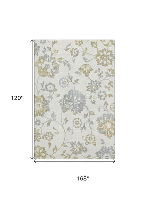 HomeRoots 10' Ivory Gray & Gold Floral Washable Area Rug - UV Protected, Stain-Resistant for Family Living Spaces 667921