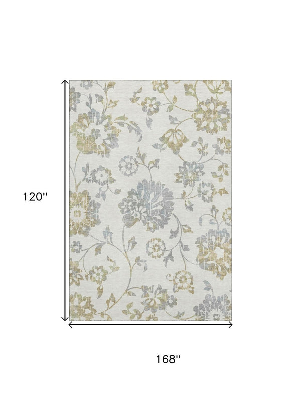 HomeRoots 10' Ivory Gray & Gold Floral Washable Area Rug - UV Protected, Stain-Resistant for Family Living Spaces 667921