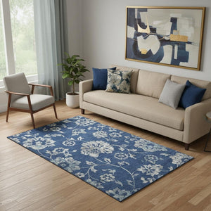 HomeRoots 5' X 8' Navy Blue & Silver Floral Area Rug – Washable, UV Protected, Durable, Stylish & Easy Care 667923