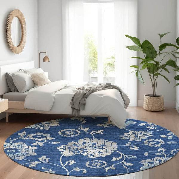 HomeRoots 8' Navy Blue Floral Round Area Rug – Washable, UV-Protected, Durable & Stylish for High-Traffic Areas 667924