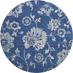 HomeRoots 8' Navy Blue Floral Round Area Rug – Washable, UV-Protected, Durable & Stylish for High-Traffic Areas 667924