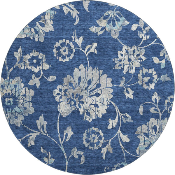 HomeRoots 8' Navy Blue Floral Round Area Rug – Washable, UV-Protected, Durable & Stylish for High-Traffic Areas 667924