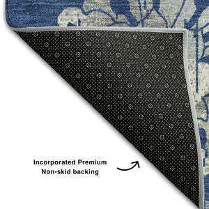 HomeRoots 8' Navy Blue Floral Round Area Rug – Washable, UV-Protected, Durable & Stylish for High-Traffic Areas 667924