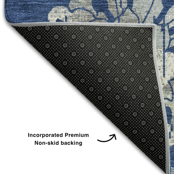 HomeRoots 8' Navy Blue Floral Round Area Rug – Washable, UV-Protected, Durable & Stylish for High-Traffic Areas 667924