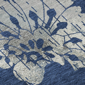 HomeRoots 8' Navy Blue Floral Round Area Rug – Washable, UV-Protected, Durable & Stylish for High-Traffic Areas 667924