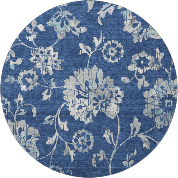 HomeRoots 8' Navy Blue Floral Round Area Rug – Washable, UV-Protected, Durable & Stylish for High-Traffic Areas 667924