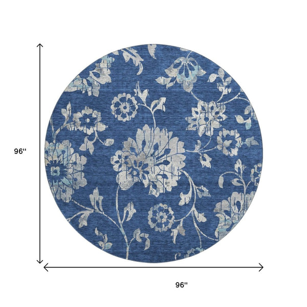 HomeRoots 8' Navy Blue Floral Round Area Rug – Washable, UV-Protected, Durable & Stylish for High-Traffic Areas 667924