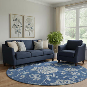 HomeRoots 8' Navy Blue Floral Round Area Rug – Washable, UV-Protected, Durable & Stylish for High-Traffic Areas 667924