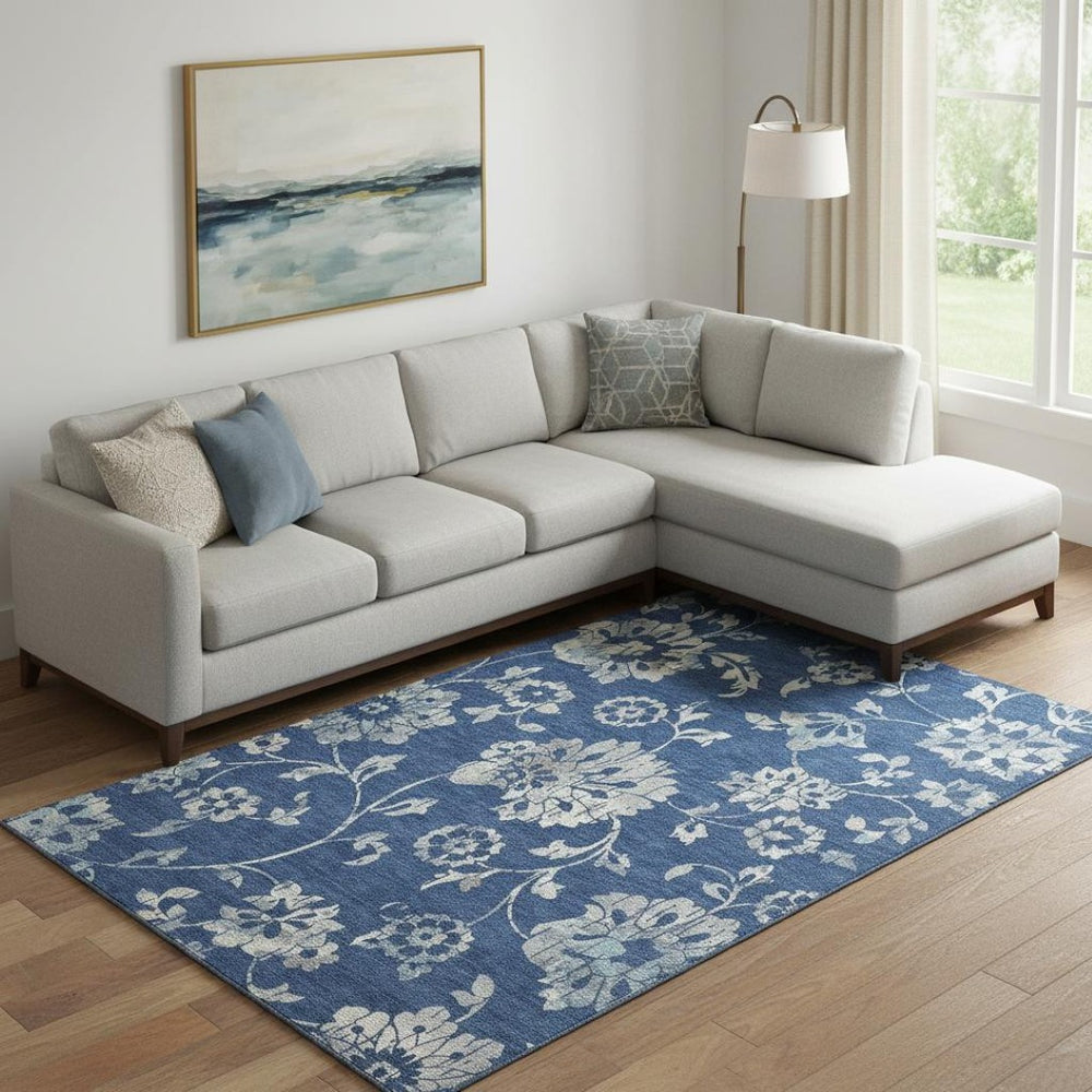 HomeRoots 8' x 10' Navy Blue and Silver Floral Washable Area Rug with UV Protection for High-Traffic Spaces 667925