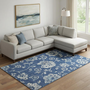 HomeRoots 8' x 10' Navy Blue and Silver Floral Washable Area Rug with UV Protection for High-Traffic Spaces 667925