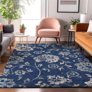HomeRoots 8' x 10' Navy Blue and Silver Floral Washable Area Rug with UV Protection for High-Traffic Spaces 667925