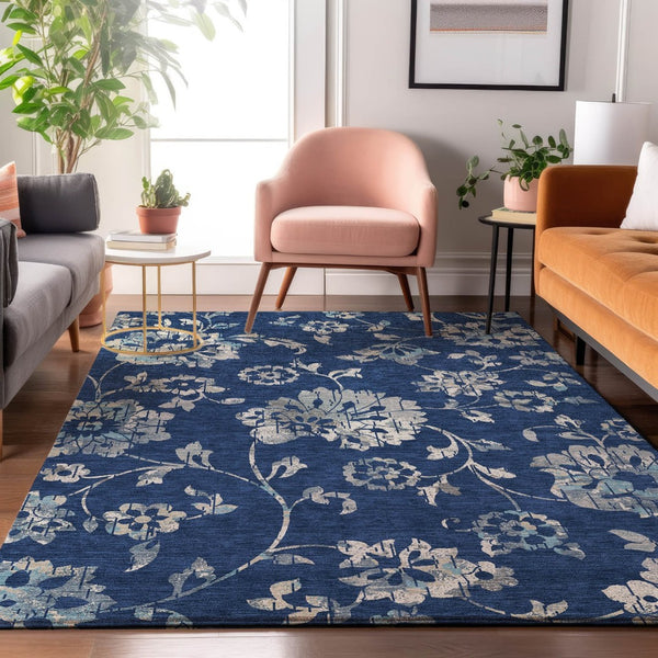 HomeRoots 8' x 10' Navy Blue and Silver Floral Washable Area Rug with UV Protection for High-Traffic Spaces 667925