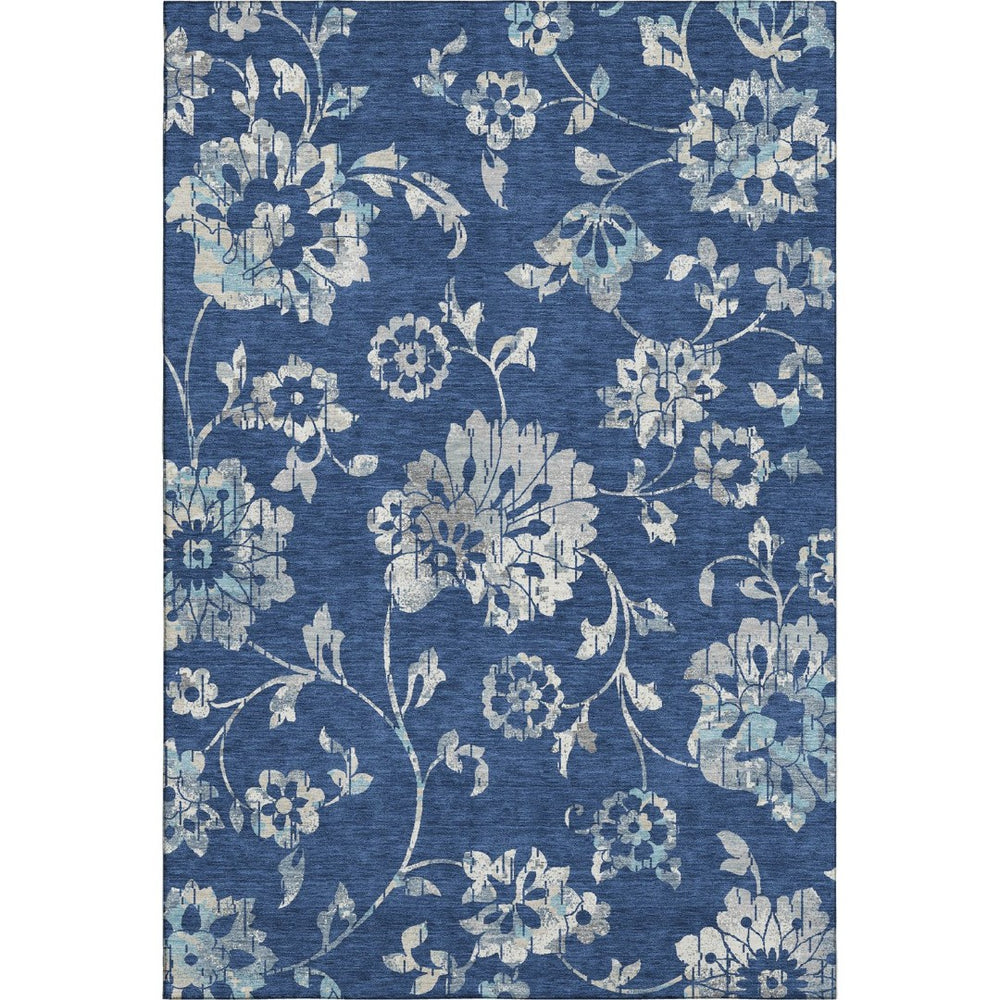HomeRoots 8' x 10' Navy Blue and Silver Floral Washable Area Rug with UV Protection for High-Traffic Spaces 667925