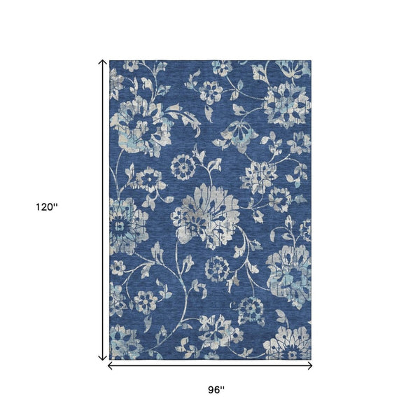 HomeRoots 8' x 10' Navy Blue and Silver Floral Washable Area Rug with UV Protection for High-Traffic Spaces 667925