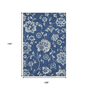 HomeRoots 9' X 12' Navy Blue & Silver Floral Area Rug - Washable, UV-Protected, Stylish & Durable for Homes 667926