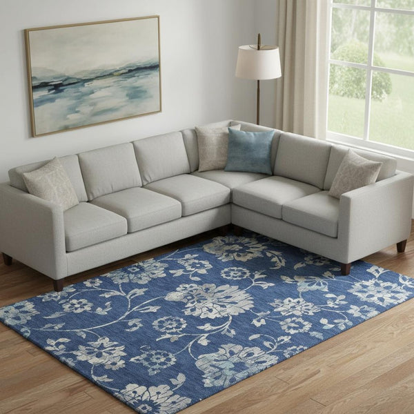 HomeRoots 9' X 12' Navy Blue & Silver Floral Area Rug - Washable, UV-Protected, Stylish & Durable for Homes 667926