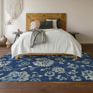 HomeRoots 9' X 12' Navy Blue & Silver Floral Area Rug - Washable, UV-Protected, Stylish & Durable for Homes 667926
