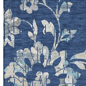HomeRoots 9' X 12' Navy Blue & Silver Floral Area Rug - Washable, UV-Protected, Stylish & Durable for Homes 667926