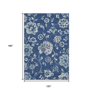 HomeRoots 10' Navy Blue & Silver Floral Area Rug - Washable, Stain-Resistant, UV Protected for High Traffic Homes 667927
