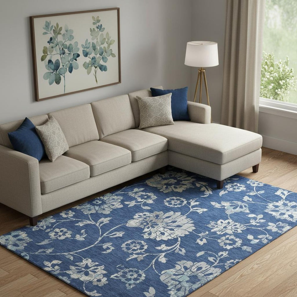 HomeRoots 10' Navy Blue & Silver Floral Area Rug - Washable, Stain-Resistant, UV Protected for High Traffic Homes 667927