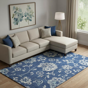 HomeRoots 10' Navy Blue & Silver Floral Area Rug - Washable, Stain-Resistant, UV Protected for High Traffic Homes 667927