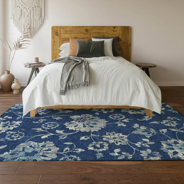 HomeRoots 10' Navy Blue & Silver Floral Area Rug - Washable, Stain-Resistant, UV Protected for High Traffic Homes 667927