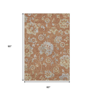 HomeRoots 5' X 8' Elegant Rust and Gray Floral Washable Area Rug with UV Protection for Homes with Kids & Pets 667929