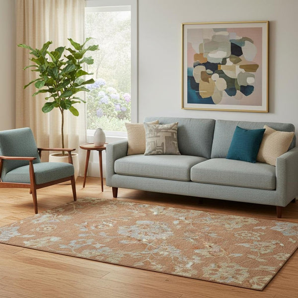 HomeRoots 5' X 8' Elegant Rust and Gray Floral Washable Area Rug with UV Protection for Homes with Kids & Pets 667929