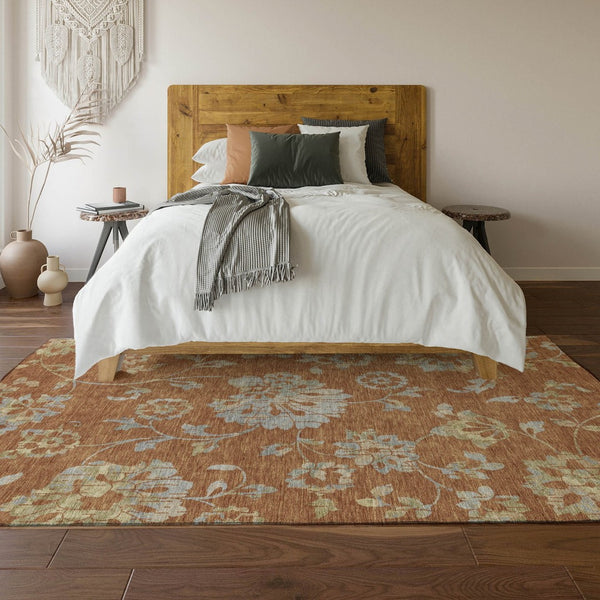 HomeRoots 5' X 8' Elegant Rust and Gray Floral Washable Area Rug with UV Protection for Homes with Kids & Pets 667929