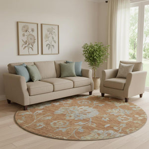 HomeRoots 8' Elegant Rust and Gray Floral Washable Round Rug with UV Protection for Timeless Home Style 667930