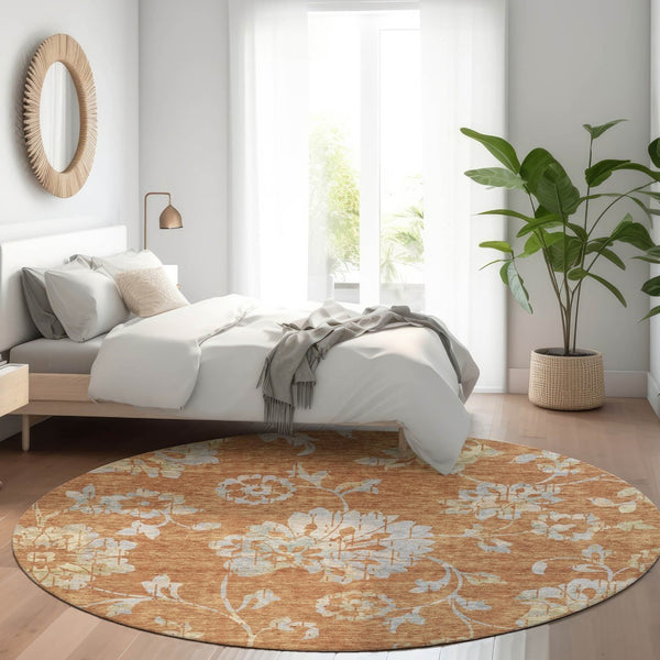 HomeRoots 8' Elegant Rust and Gray Floral Washable Round Rug with UV Protection for Timeless Home Style 667930