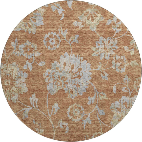 HomeRoots 8' Elegant Rust and Gray Floral Washable Round Rug with UV Protection for Timeless Home Style 667930