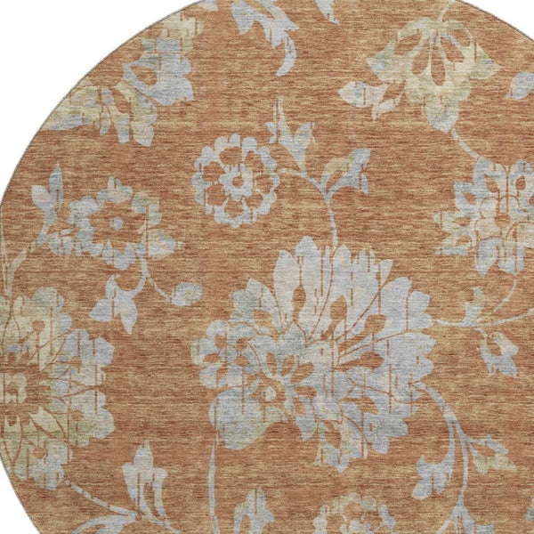 HomeRoots 8' Elegant Rust and Gray Floral Washable Round Rug with UV Protection for Timeless Home Style 667930