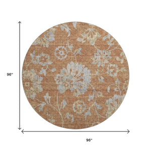 HomeRoots 8' Elegant Rust and Gray Floral Washable Round Rug with UV Protection for Timeless Home Style 667930