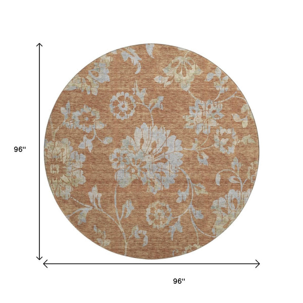 HomeRoots 8' Elegant Rust and Gray Floral Washable Round Rug with UV Protection for Timeless Home Style 667930