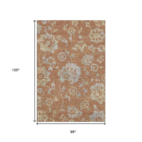 HomeRoots 8' X 10' Washable Rust and Gray Floral Area Rug with UV Protection - Perfect for Family Living Spaces! 667931
