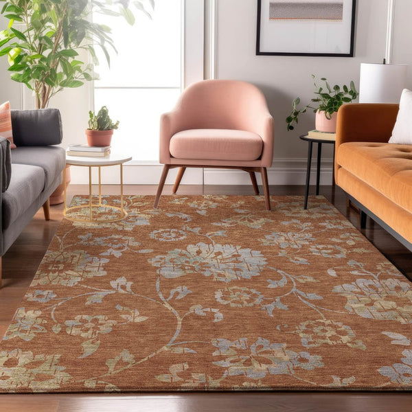 HomeRoots 9' X 12' Washable Rust & Gray Floral Area Rug with UV Protection - Ideal for Family Living Spaces! 667932