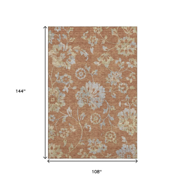 HomeRoots 9' X 12' Washable Rust & Gray Floral Area Rug with UV Protection - Ideal for Family Living Spaces! 667932