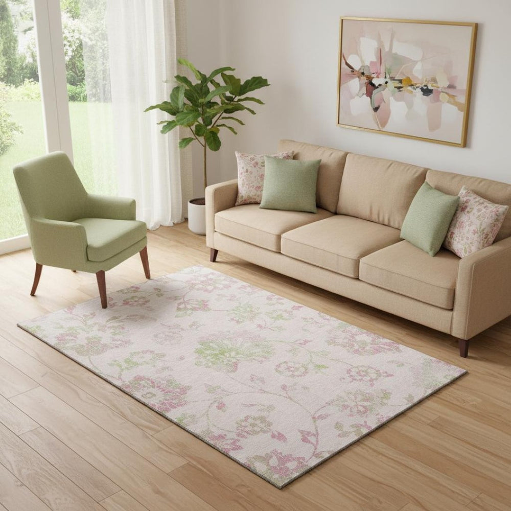 HomeRoots 5' X 8' Pink And Green Floral Area Rug - Washable, UV-Protected, Durable for High Traffic Spaces! 667935