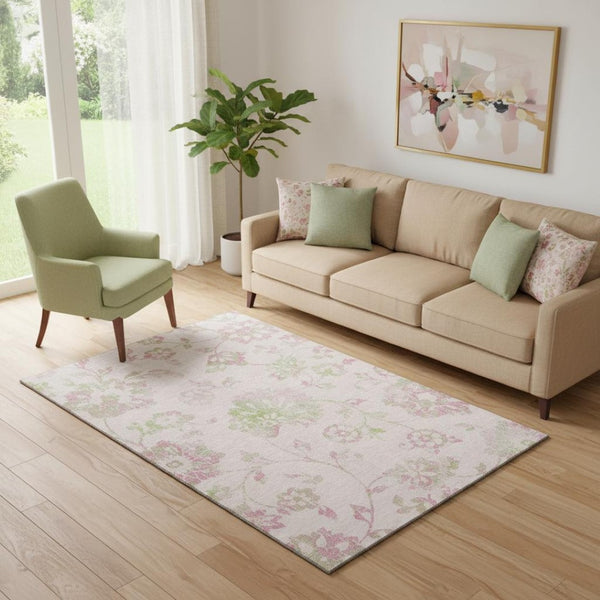 HomeRoots 5' X 8' Pink And Green Floral Area Rug - Washable, UV-Protected, Durable for High Traffic Spaces! 667935