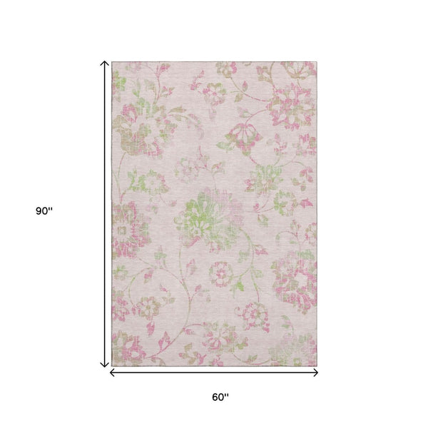 HomeRoots 5' X 8' Pink And Green Floral Area Rug - Washable, UV-Protected, Durable for High Traffic Spaces! 667935