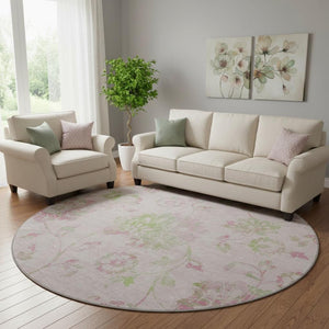 HomeRoots 8' Pink and Green Floral Washable Round Rug - UV Protected, Stain Resistant & Non-Slip Design! 667936