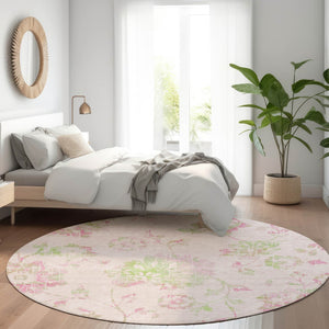 HomeRoots 8' Pink and Green Floral Washable Round Rug - UV Protected, Stain Resistant & Non-Slip Design! 667936