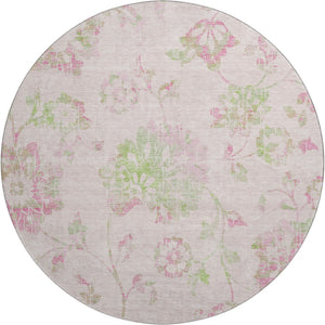 HomeRoots 8' Pink and Green Floral Washable Round Rug - UV Protected, Stain Resistant & Non-Slip Design! 667936