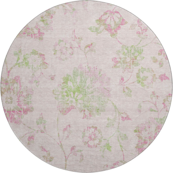 HomeRoots 8' Pink and Green Floral Washable Round Rug - UV Protected, Stain Resistant & Non-Slip Design! 667936
