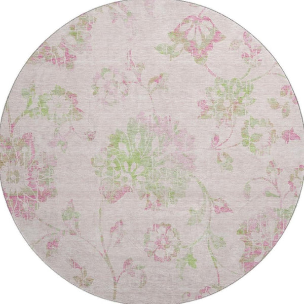 HomeRoots 8' Pink and Green Floral Washable Round Rug - UV Protected, Stain Resistant & Non-Slip Design! 667936