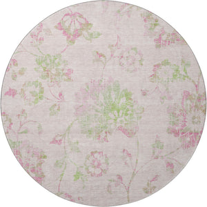 HomeRoots 8' Pink and Green Floral Washable Round Rug - UV Protected, Stain Resistant & Non-Slip Design! 667936