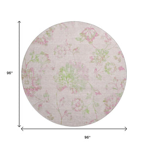 HomeRoots 8' Pink and Green Floral Washable Round Rug - UV Protected, Stain Resistant & Non-Slip Design! 667936